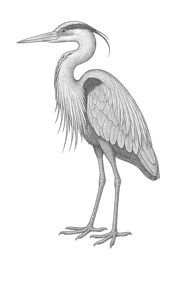 A detailed black and white line drawing of a heron standing upright, featuring long legs, a slender neck, pointed beak, and intricate feather details against a plain background.