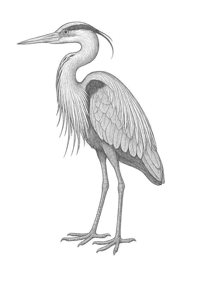A detailed black and white line drawing of a heron standing upright, featuring long legs, a slender neck, pointed beak, and intricate feather details against a plain background.