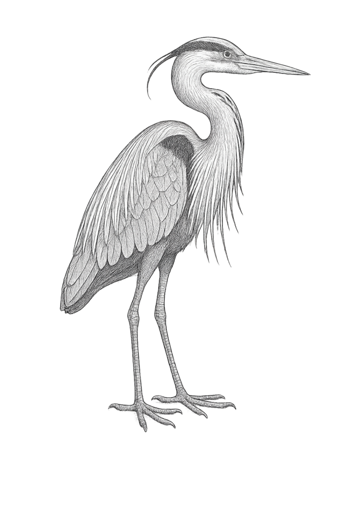 Detailed black-and-white illustration of a heron standing upright, showing its long legs, pointed beak, intricate feathers, and a plume extending from the head, on a plain white background.