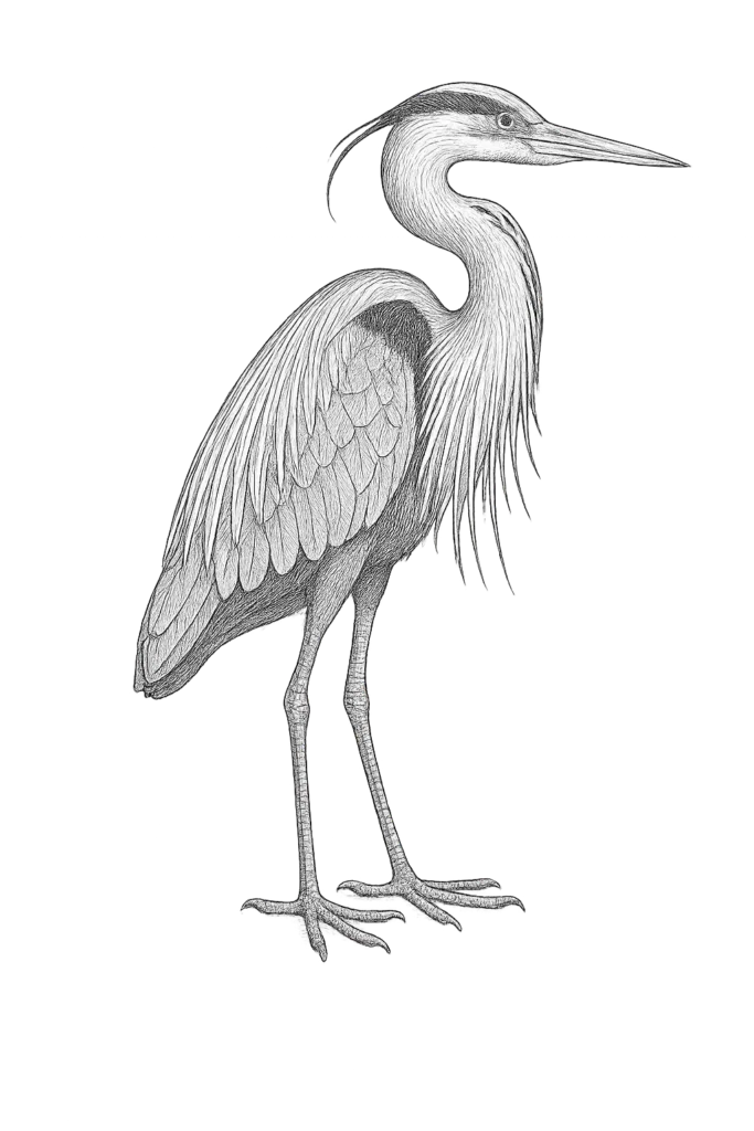 Detailed black-and-white illustration of a heron standing upright, showing its long legs, pointed beak, intricate feathers, and a plume extending from the head, on a plain white background.